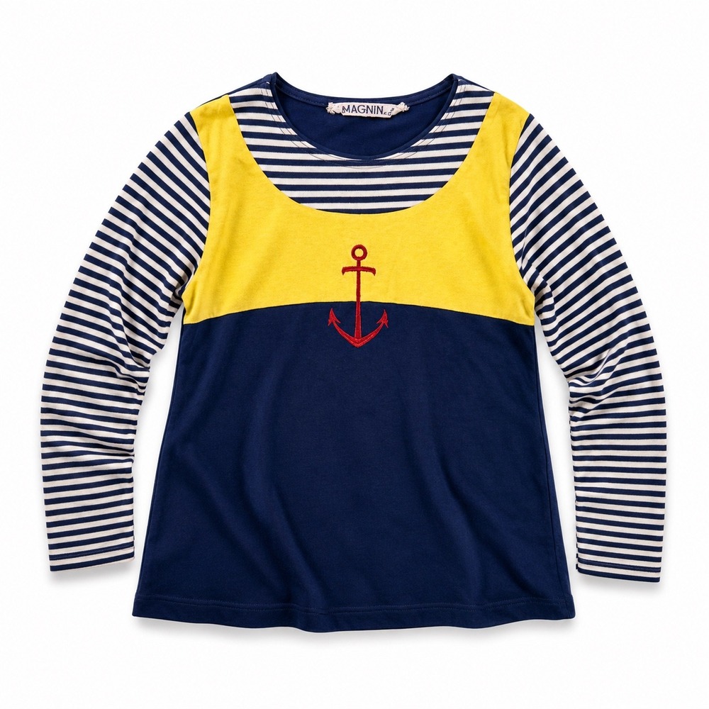 Vintageā 60s I Magnin Nautical Anchor Striped Shirt Navy XS Coastal Yatch Preppy